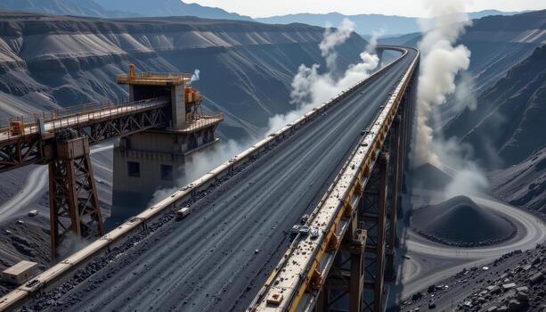 A massive conveyor belt runs through a mining facility transporting coal, with dust clouds rising and metal structures surrounding it. photo