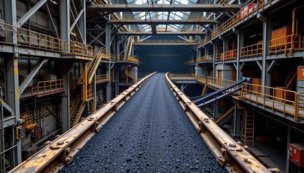 A wide conveyor belt transports coal through a mining plant, with metal frameworks, catwalks, and machinery creating a complex scene. photo