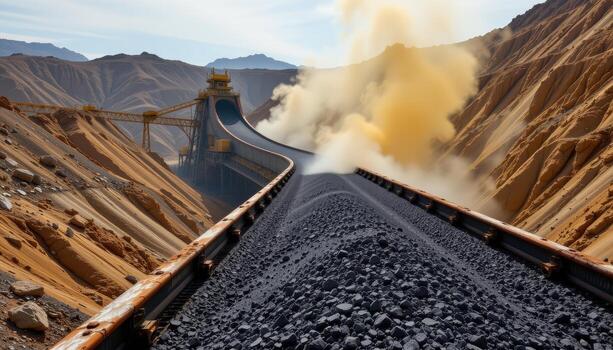 un masivo carbón transportador cinturón vientos mediante un industrial minería planta, polvo nubes creciente y metal vigas formando un complejo mecánico red. foto