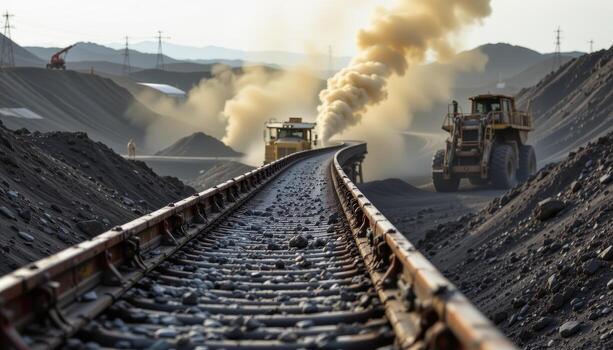 A long conveyor belt winds through a mining plant transporting coal, with dust clouds and machinery creating a mechanical atmosphere. photo