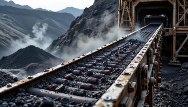 A reinforced conveyor belt runs through a mining facility transporting coal, with dust clouds and steel beams adding to the industrial scene. photo