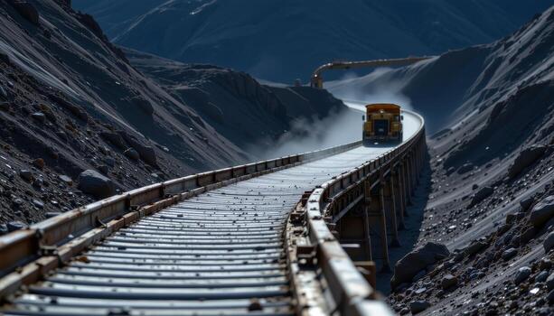 A continuous conveyor belt winds through a mining plant, carrying coal with dust rising and machinery operating along the route. photo