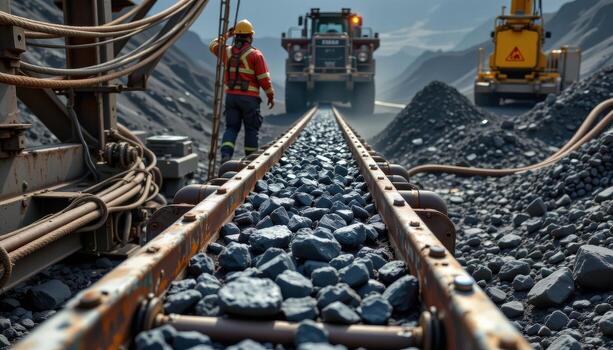 A continuous conveyor belt moves chunks of coal through a mining facility, with steel frameworks, pipes, and dust creating a rugged scene. photo