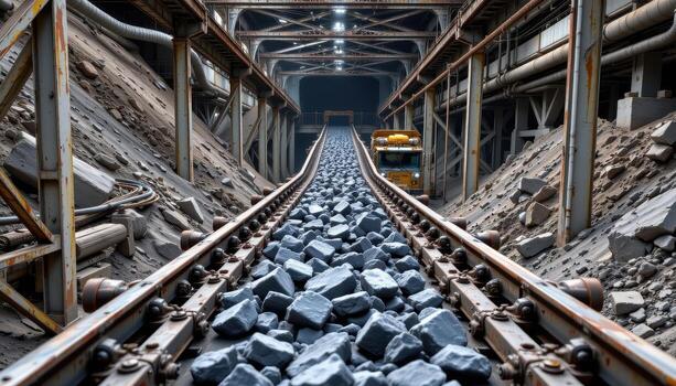 A wide conveyor belt transports chunks of coal through an industrial mining facility, with steel frameworks and pipes creating a rugged environment. photo
