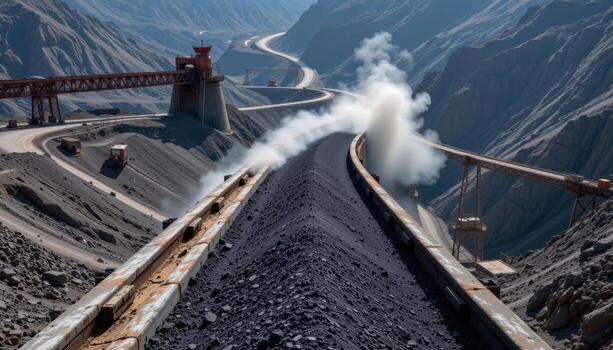 A wide conveyor belt winds through an industrial mining facility, transporting coal with dust clouds and steel frameworks surrounding it. photo