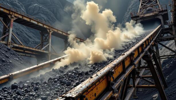 A reinforced conveyor belt moves coal through a mining plant, dust rising from the load and metal supports forming a dense mechanical scene. photo