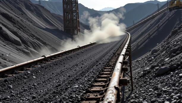 A heavy duty coal conveyor belt runs through a mining facility, dust rising and metal structures forming a dense mechanical environment. photo