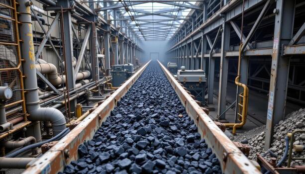 A long conveyor belt loaded with coal winds through a mining plant, with steel beams and pipes forming a dense mechanical environment. photo