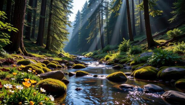 un claro bosque corriente fluye Entre alto verde árboles, con brillante flores silvestres punteando el cubierto de musgo bancos debajo un suave, difundido luz de sol. foto