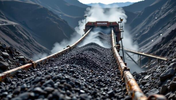 A massive conveyor belt transports coal through a mining facility, dust rising from the load and machinery humming steadily. photo