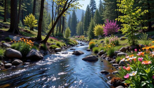 A crystal stream flows through a dense forest where trees tower overhead and flowering plants line the water. photo