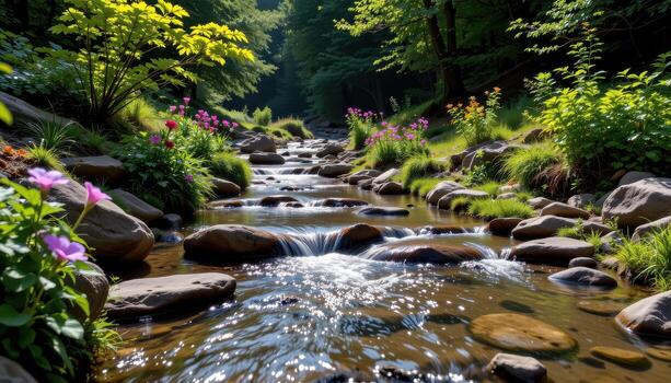 A crystal clear forest stream flows over smooth stones, surrounded by lush green foliage and colorful flowers swaying softly in the breeze. photo