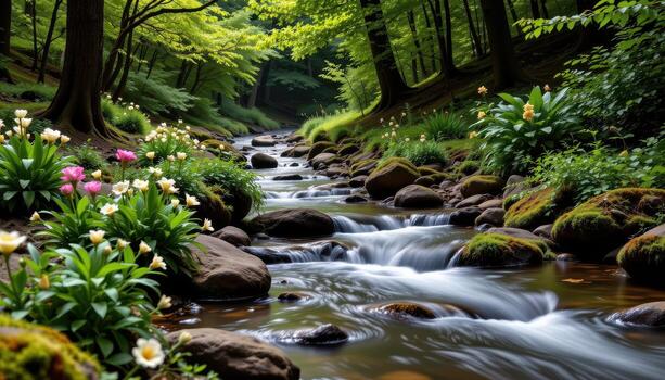 A peaceful stream flows through a forest of rich green foliage, its waters lined with flowering plants and moss covered rocks. photo