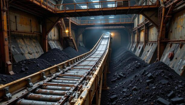 A massive conveyor belt snakes through a mining complex, transporting coal piles while overhead metal scaffolding and lights illuminate the scene. photo