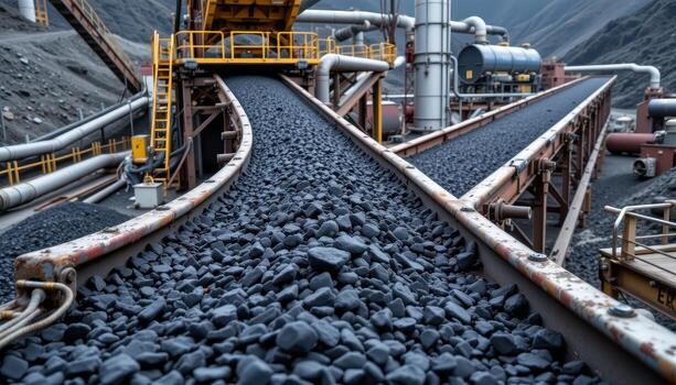 A high capacity conveyor belt carries black coal through a mining plant, with surrounding machinery, pipes, and industrial infrastructure visible in the background. photo