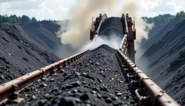 A long conveyor belt transports coal efficiently through a mining facility, with steel supports and dust clouds hovering above the moving load. photo