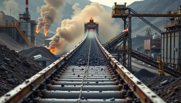 A lengthy conveyor belt in a mining plant carries coal continuously, with dust clouds, lights, and industrial structures filling the environment. photo