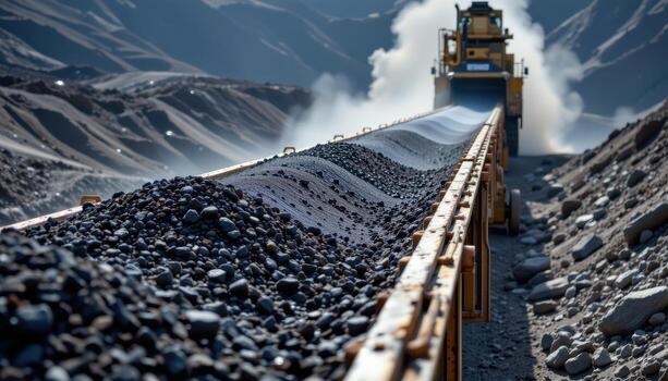 A wide conveyor belt loaded with coal stretches across a mining plant, with dust rising and machinery humming in the background. photo
