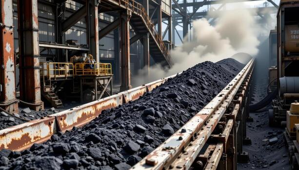 A massive conveyor belt loaded with coal runs through a mining plant, with steel beams, machinery, and dust clouds creating an industrial atmosphere. photo