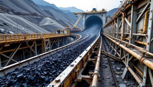 un largo transportador cinturón cargado con carbón vientos mediante un minería planta, con acero vigas, pasarelas, y tubería formando un mecánico red. foto