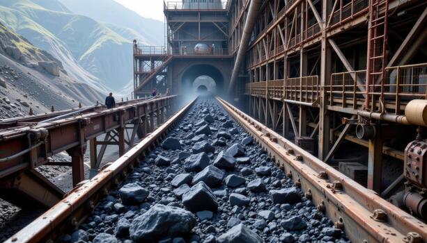A wide conveyor belt moves chunks of coal through a mining facility, with metal frameworks, pipes, and scaffolding creating a dense industrial scene. photo