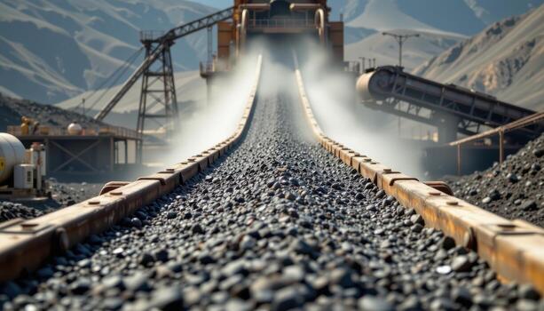 A wide coal conveyor belt moves steadily through a mining plant, dust rising from the load and metal structures forming an industrial scene. photo