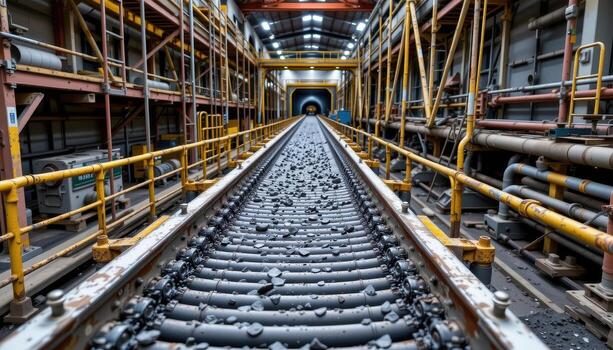 A continuous conveyor belt carries coal through a mining plant, with scaffolding, machinery, and pipes lining the route. photo