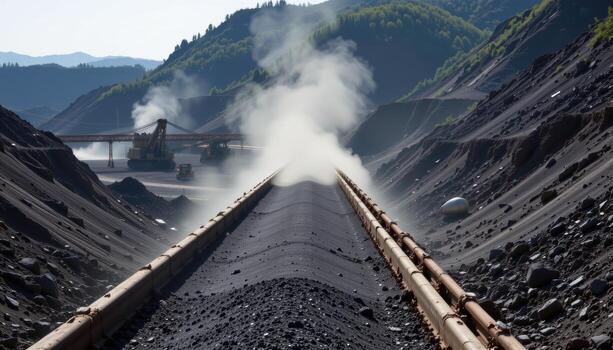 A long conveyor belt loaded with coal winds through a mining facility, with dust rising and machinery operating along its path. photo