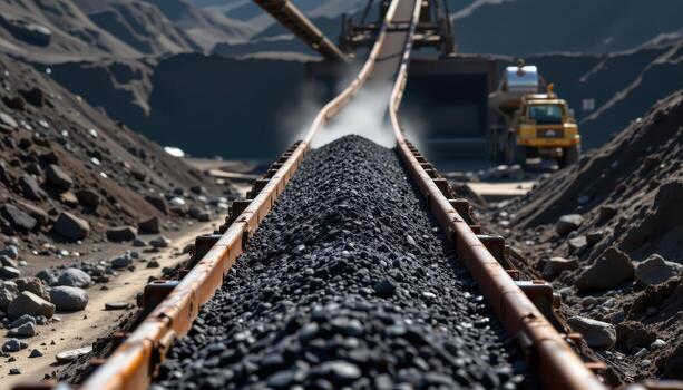 A wide conveyor belt runs through a mining plant carrying coal, dust rising from the load and industrial equipment visible along the path. photo