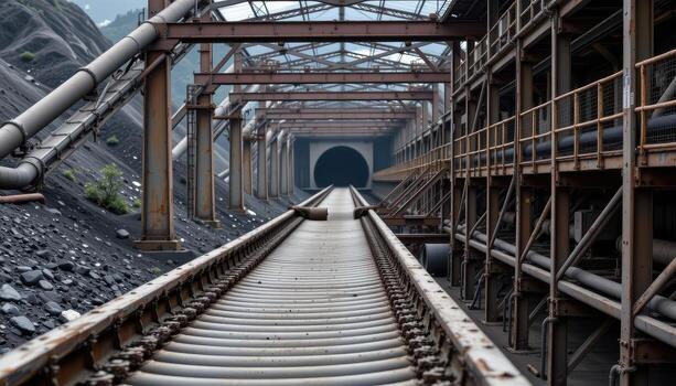 A continuous conveyor belt moves coal through a mining plant, with steel beams, scaffolding, and pipes lining the route. photo