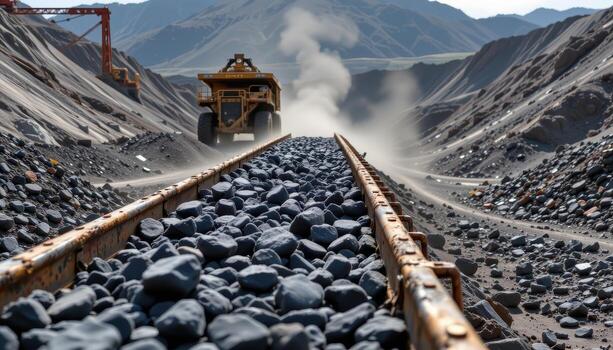 A continuous conveyor belt moves chunks of coal through a mining plant, with dust clouds rising and machinery operating steadily. photo
