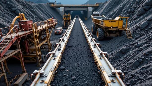 A wide conveyor belt moves coal steadily through a mining facility, with metal structures, catwalks, and machinery surrounding it. photo
