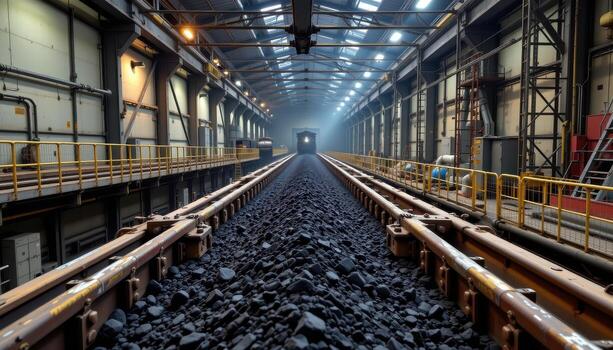 A long conveyor belt loaded with coal runs through a mining facility, with industrial lighting, scaffolding, and metal frameworks creating a complex scene. photo