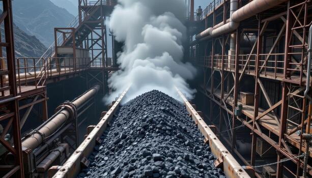 A heavy duty conveyor belt moves coal through a mining facility, dust rising from the load and metal structures, pipes, and scaffolding forming a dense industrial environment. photo