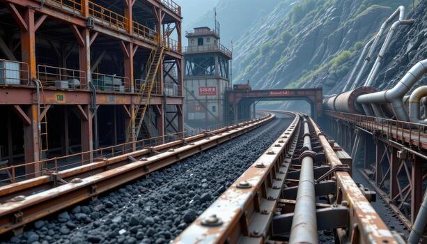 A heavy duty coal conveyor belt stretches across a mining facility, with steel beams, scaffolding, and pipes creating a rugged mechanical scene. photo