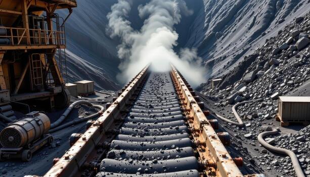 A continuous conveyor belt runs through a mining plant, moving coal with dust clouds rising and industrial equipment surrounding it. photo