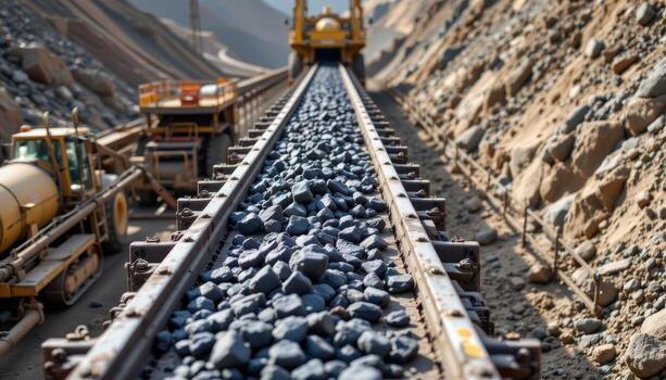 A high capacity conveyor belt carries chunks of coal through a mining facility, with machinery, scaffolding, and steel supports lining its route. photo