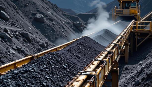 A reinforced conveyor belt transports coal steadily through a mining plant, dust rising from the load and metal structures forming an industrial environment. photo
