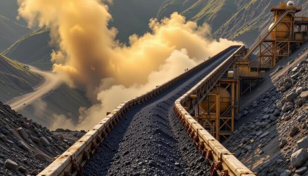 A continuous conveyor belt carries coal through a mining facility, with dust clouds rising and metal supports forming a dense industrial scene. photo