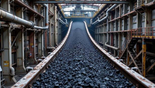 A massive coal conveyor belt moves steadily through a mining plant, passing under steel frameworks, pipes, and scaffolding. photo