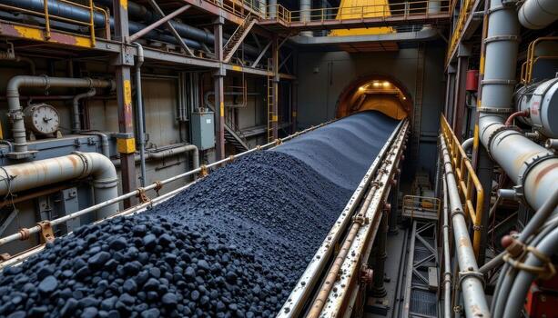 A long conveyor belt loaded with coal moves through a mining plant, with pipes, catwalks, and scaffolding surrounding the moving load. photo