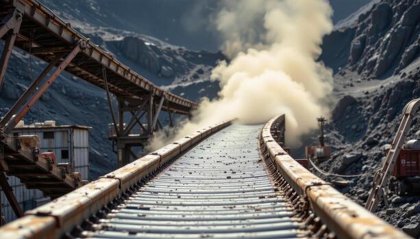 A continuous coal conveyor belt winds steadily through a mining facility, dust rising and metal structures forming a rugged industrial environment. photo