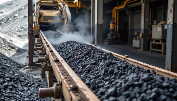 A high capacity conveyor belt carries coal through a mining facility, dust rising from the load and machinery humming steadily. photo