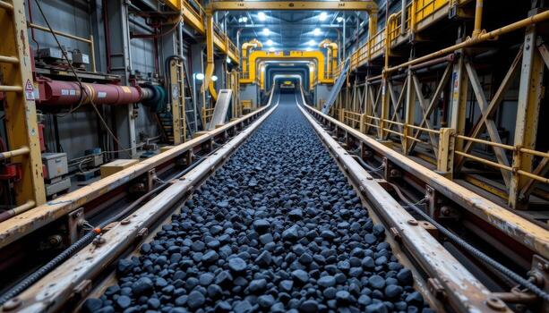 A continuous conveyor belt carries black coal through a mining facility, with steel supports, industrial lights, and scaffolding surrounding it. photo