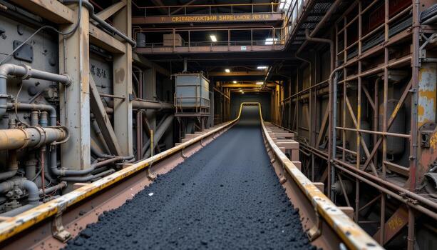 A continuous conveyor belt moves coal through a mining facility, with steel beams, pipes, and scaffolding creating a rugged mechanical environment. photo