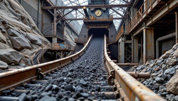 A reinforced conveyor belt moves coal steadily through a mining plant, with steel frameworks, scaffolding, and pipes creating a mechanical scene. photo