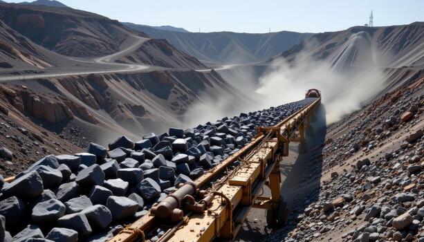 A heavy duty conveyor belt transports chunks of coal through a mining plant, dust rising and machinery operating along the route. photo