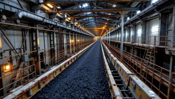 A continuous conveyor belt winds through a mining plant transporting coal, with industrial lights, steel beams, and scaffolding surrounding it. photo