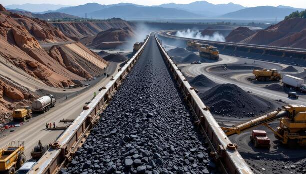 A long coal conveyor belt runs steadily through a mining facility, dust rising and machinery humming along its path. photo