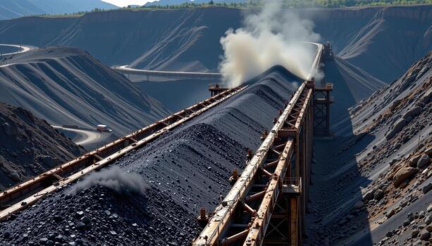 A massive conveyor belt carries coal through a mining facility, dust rising from the load and metal structures lining the path. photo